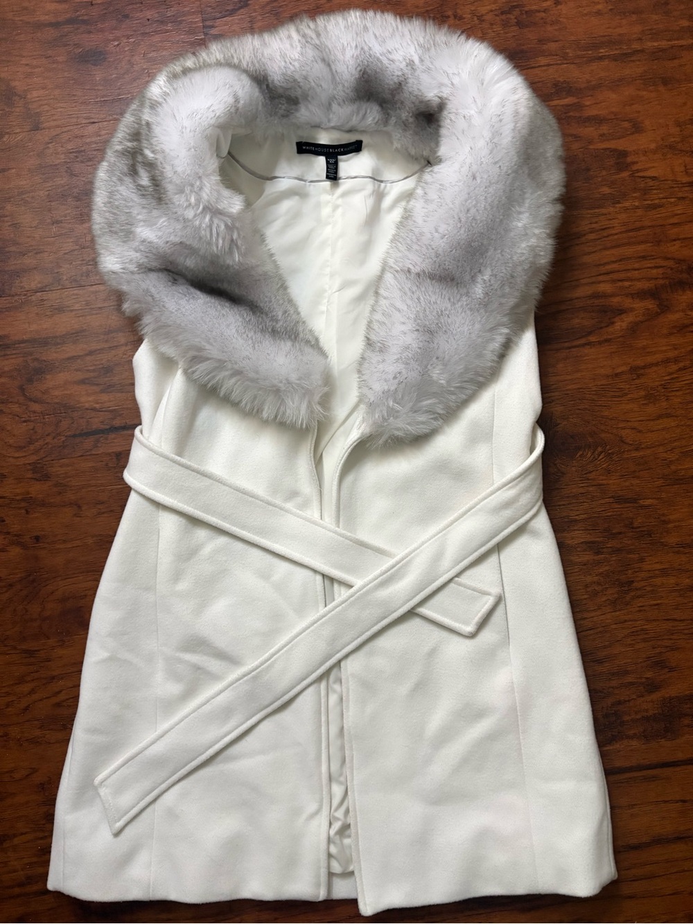 White House Black Market White Sleeveless Coat with Gray Faux Fur Collar